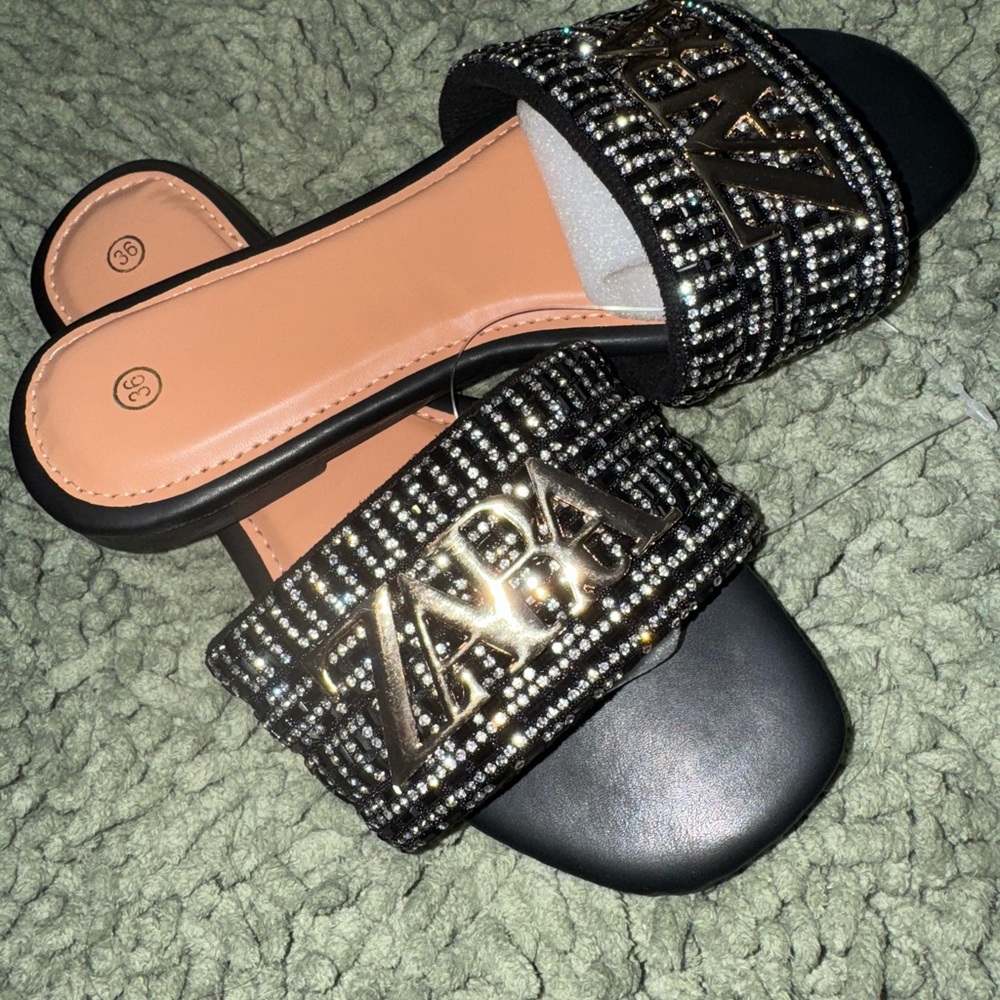 Zara Black and Silver Beaded Slide Sandals